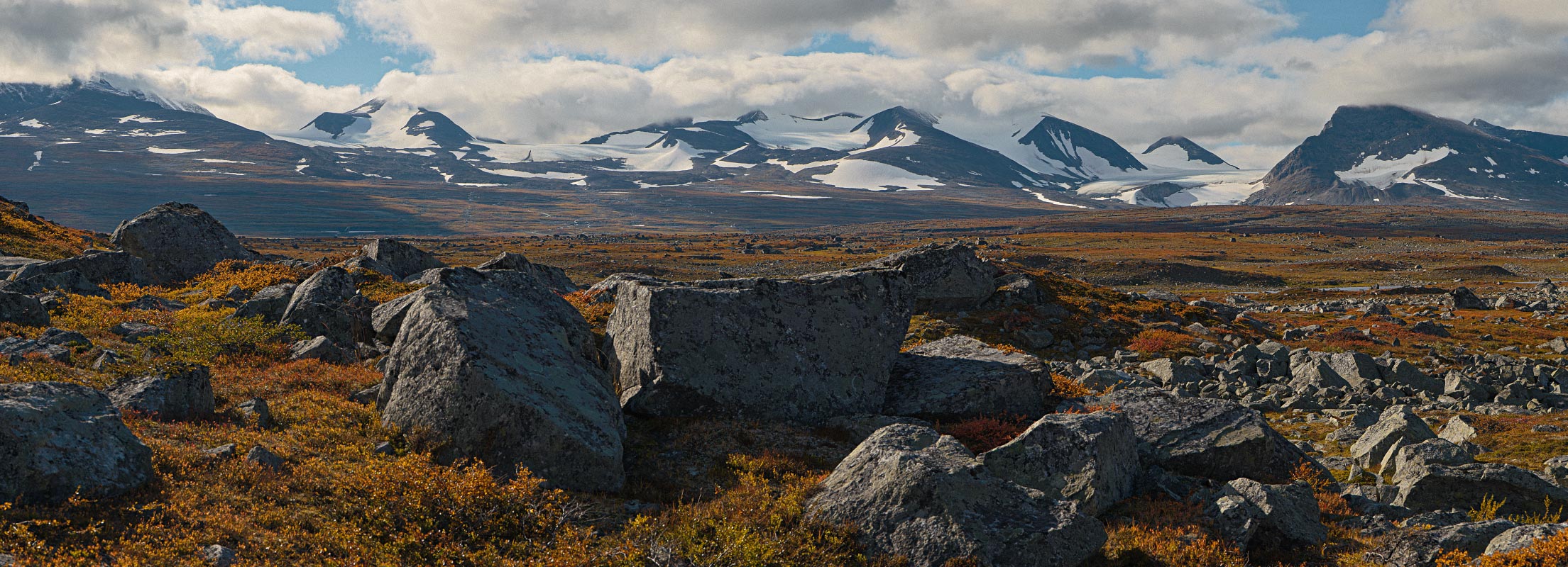Autumn landscape in Sarek, northern Sweden, with rocks and mountains