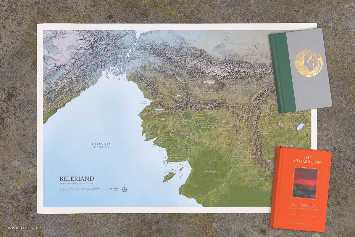 Beleriand Map Limited Edition print shown with Beren and Lúthien and The Silmarillion for scale