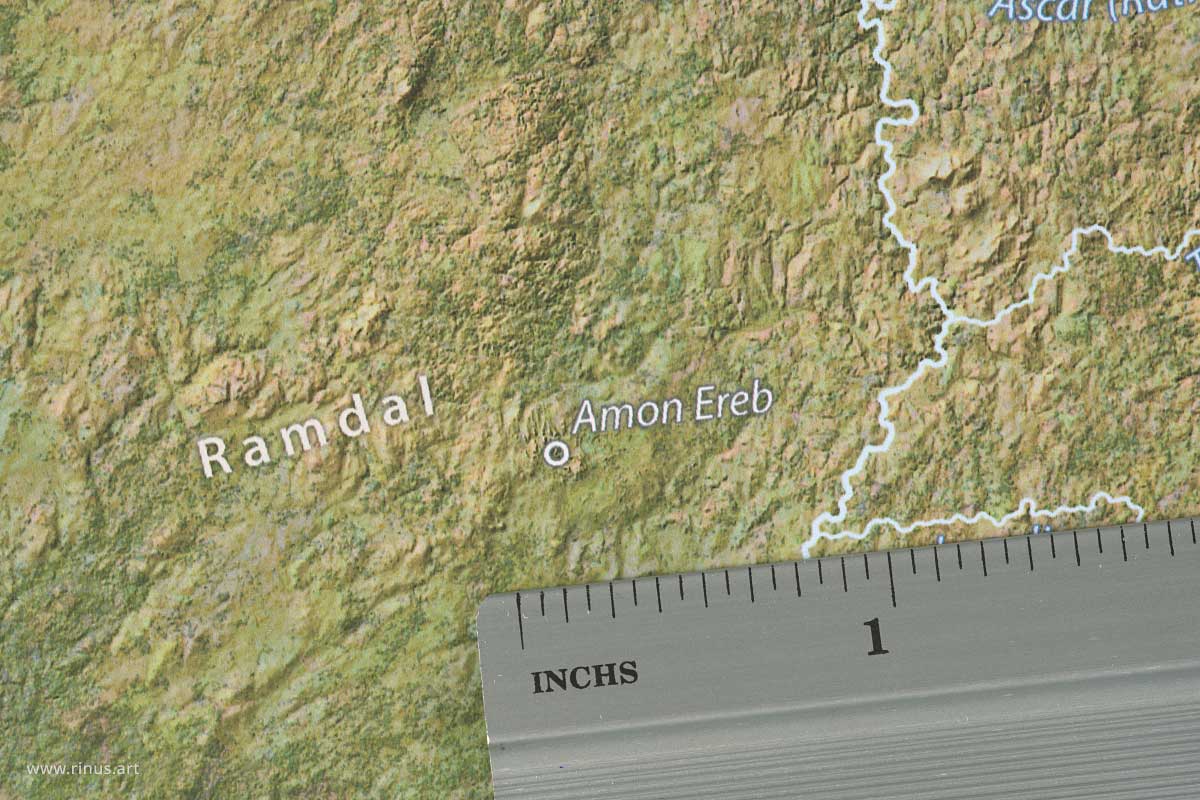 Close-up of Amon Ereb on the Beleriand Map Limited Edition print with an inch ruler for scale