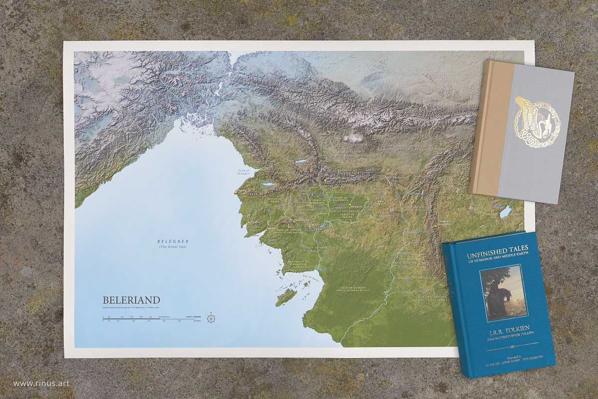 Beleriand Map Regular Edition poster shown with The Fall of Gondolin and Unfinished Tales for scale