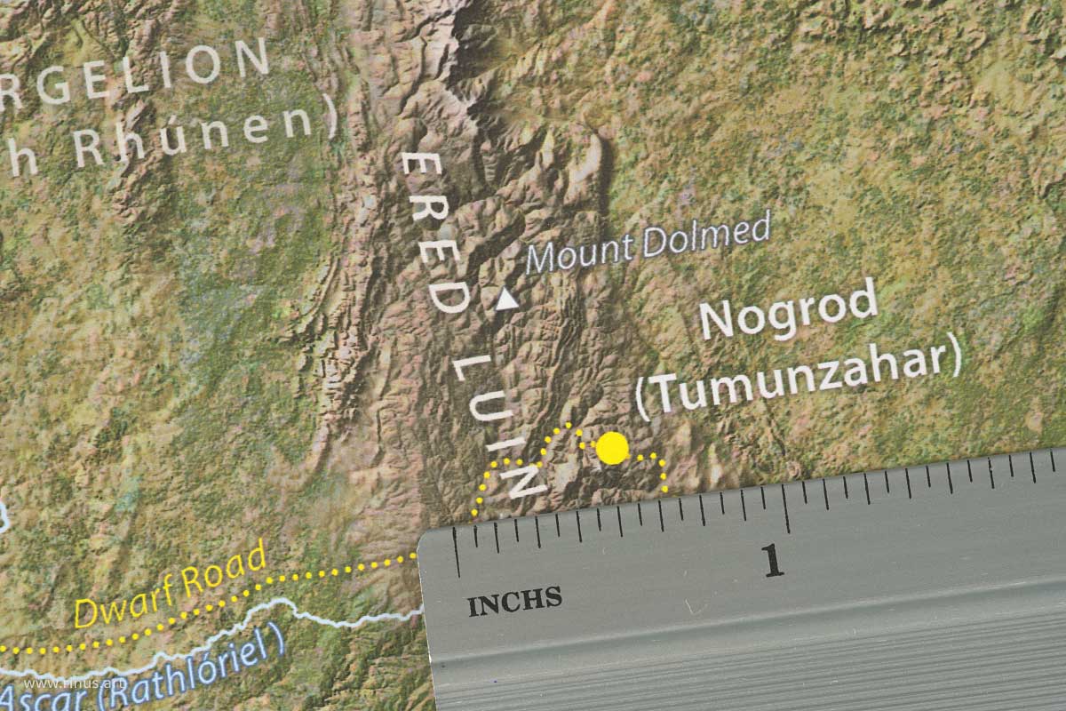 Close-up of Mount Dolmed on the Beleriand Map Regular Edition poster with an inch ruler for scale