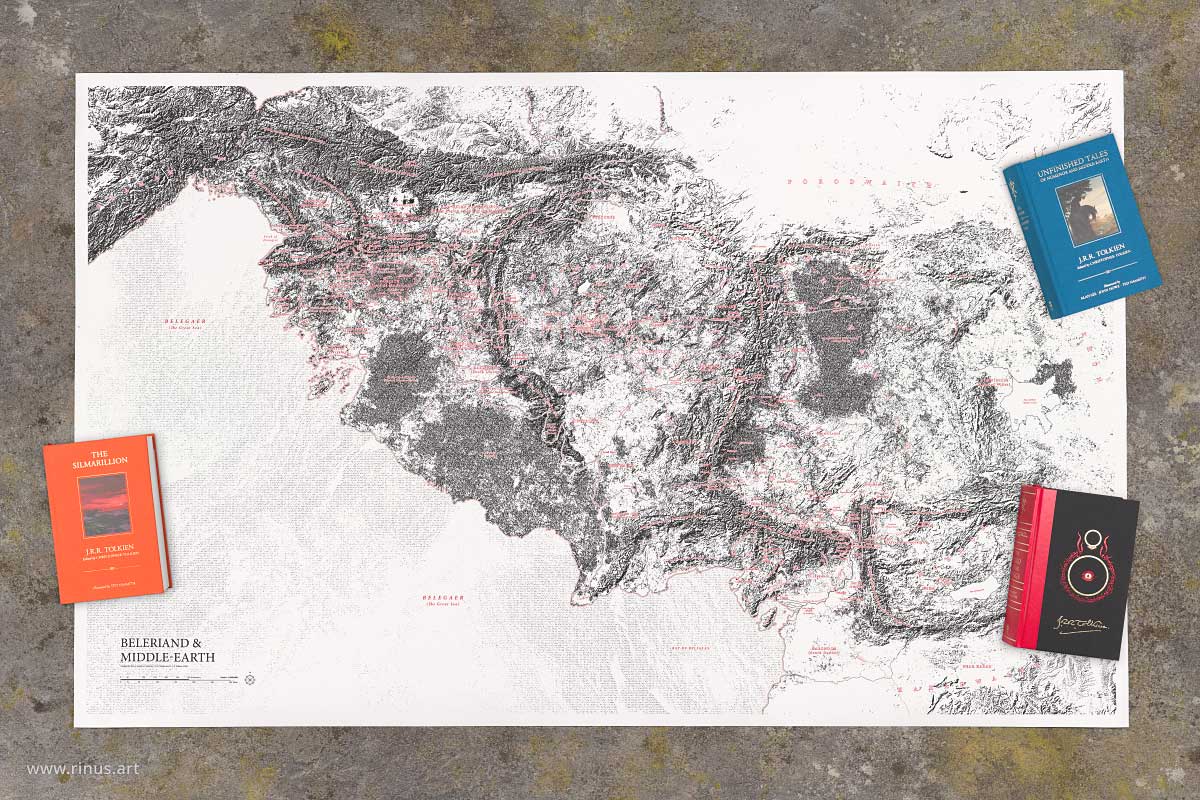 Beleriand & Middle-earth Classic Map Limited Edition print shown with Tolkien deluxe books for scale