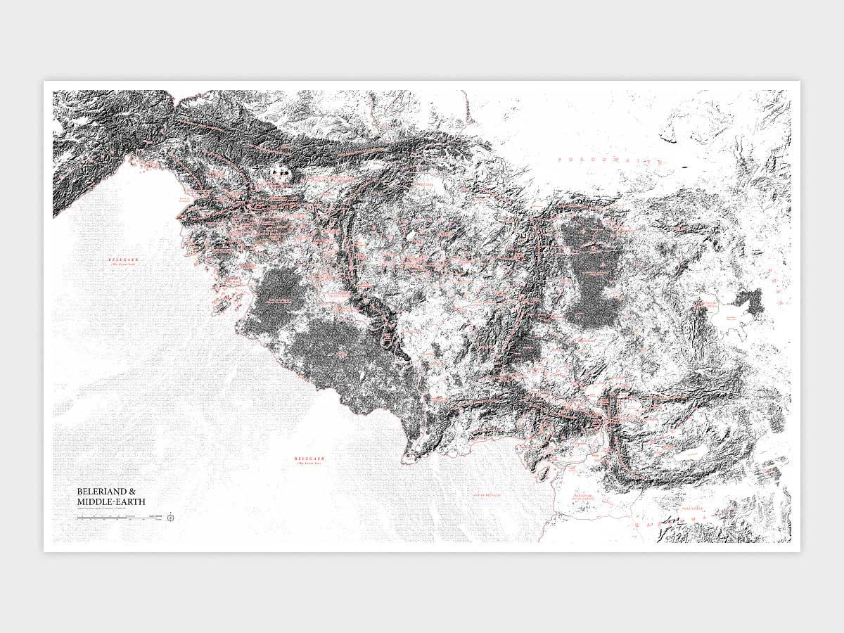 Beleriand & Middle-earth Classic Map Limited Edition print by Rinus showing the full black-and-red map