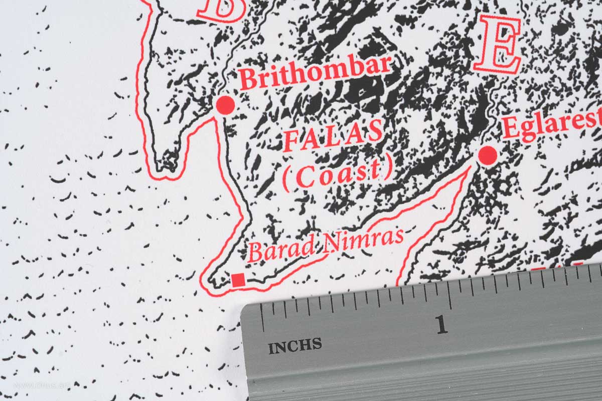 Close-up of Brithombar on the Beleriand & Middle-earth Classic Map Limited Edition print with an inch ruler for scale