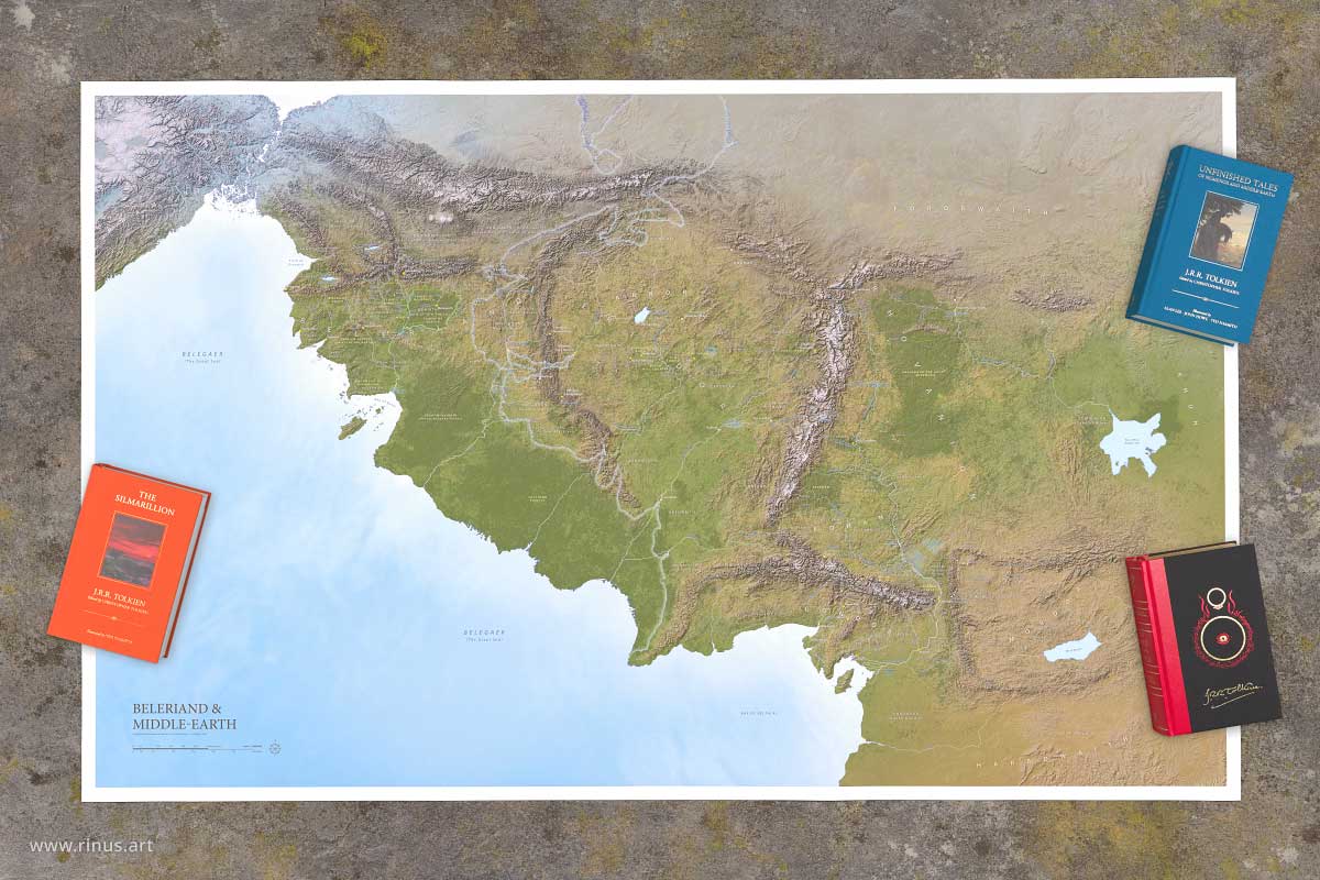 Beleriand & Middle-earth Map Limited Edition print shown with Tolkien deluxe books for scale