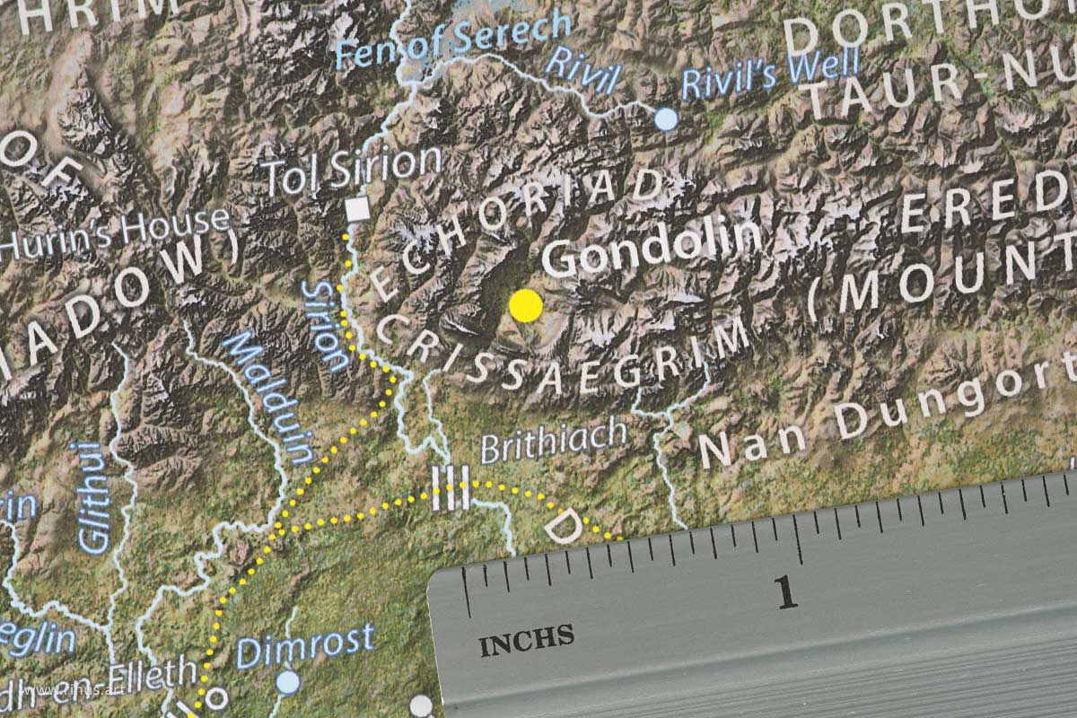 Close-up of Gondolin on the Beleriand & Middle-earth Map Limited Edition print with an inch ruler for scale
