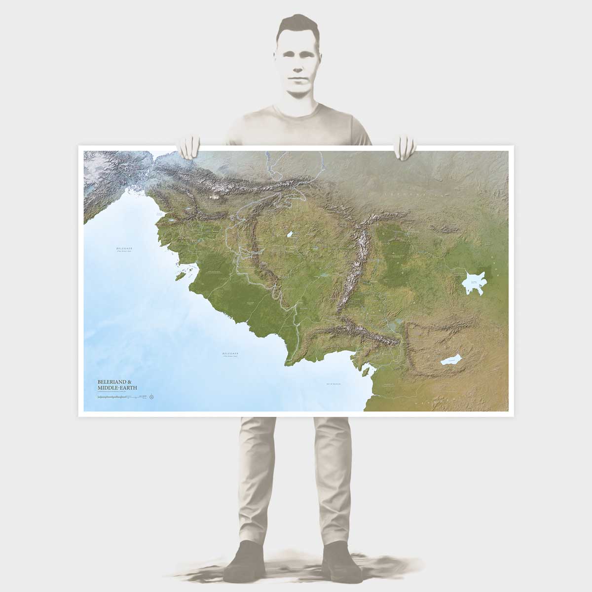 Illustration of Rinus holding the Beleriand & Middle-earth Map Limited Edition print