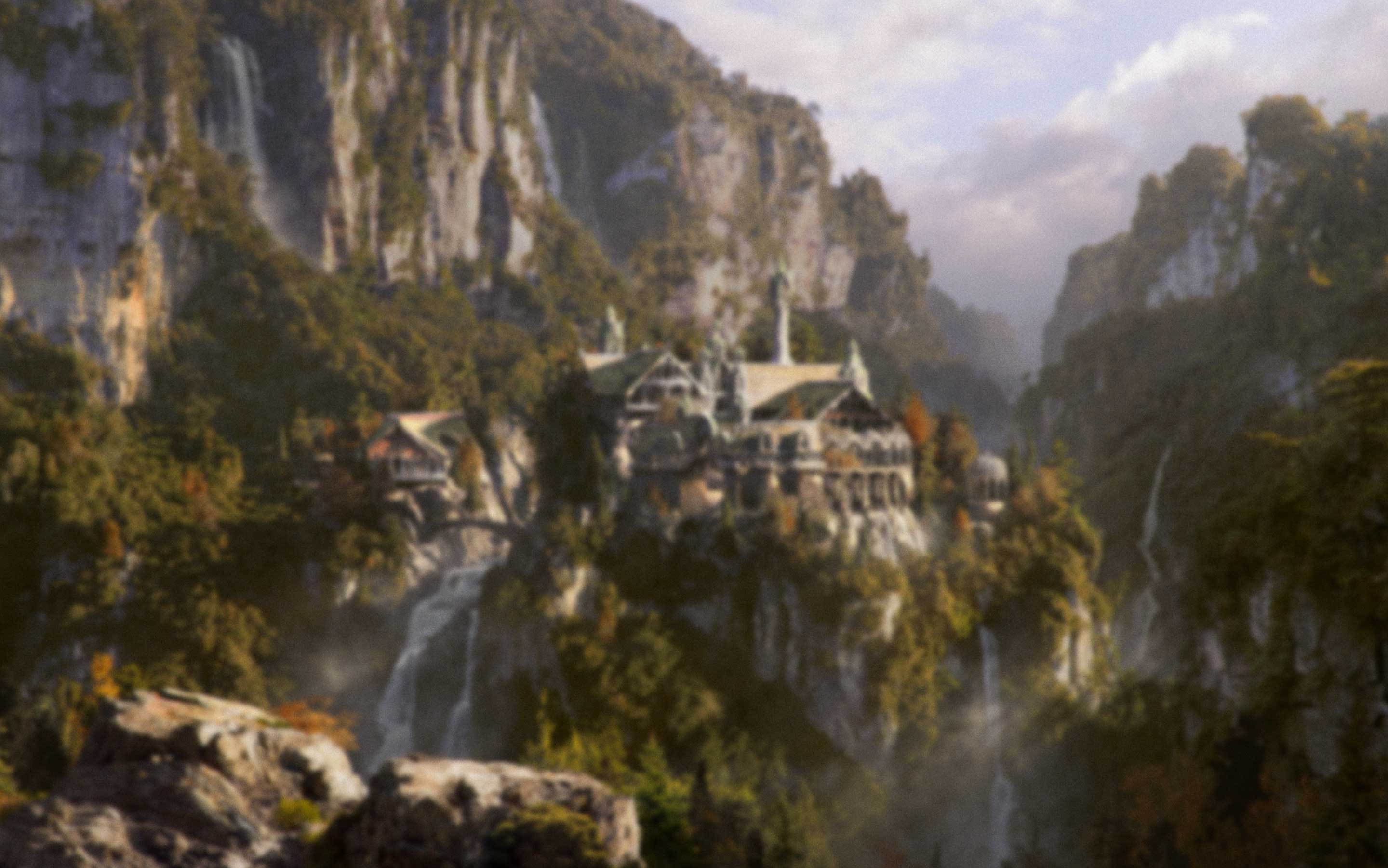 Photorealistic Rivendell matte painting by Rinus, showing the hidden valley and Last Homely House