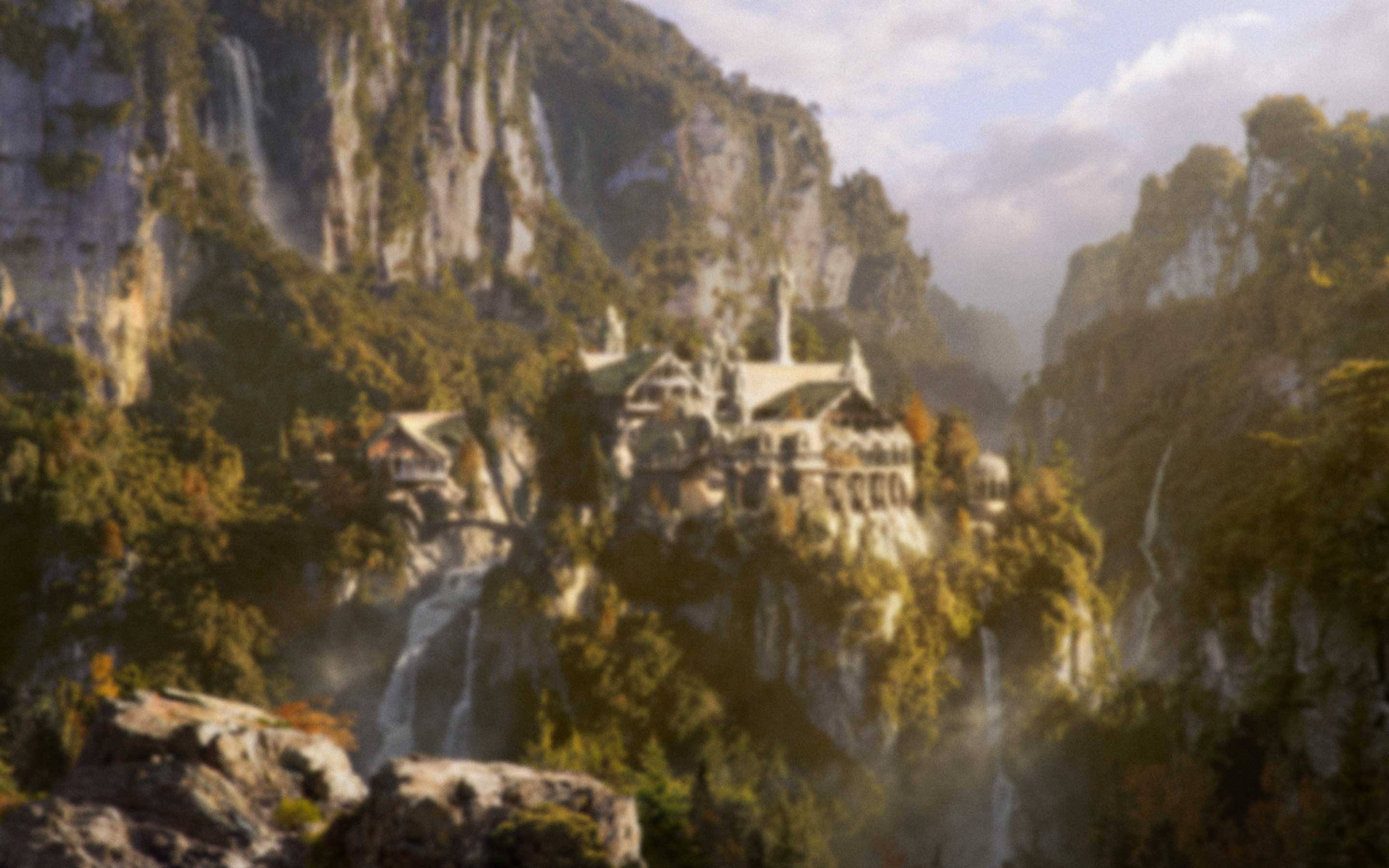 Photorealistic Rivendell matte painting with sunlight across the hidden valley