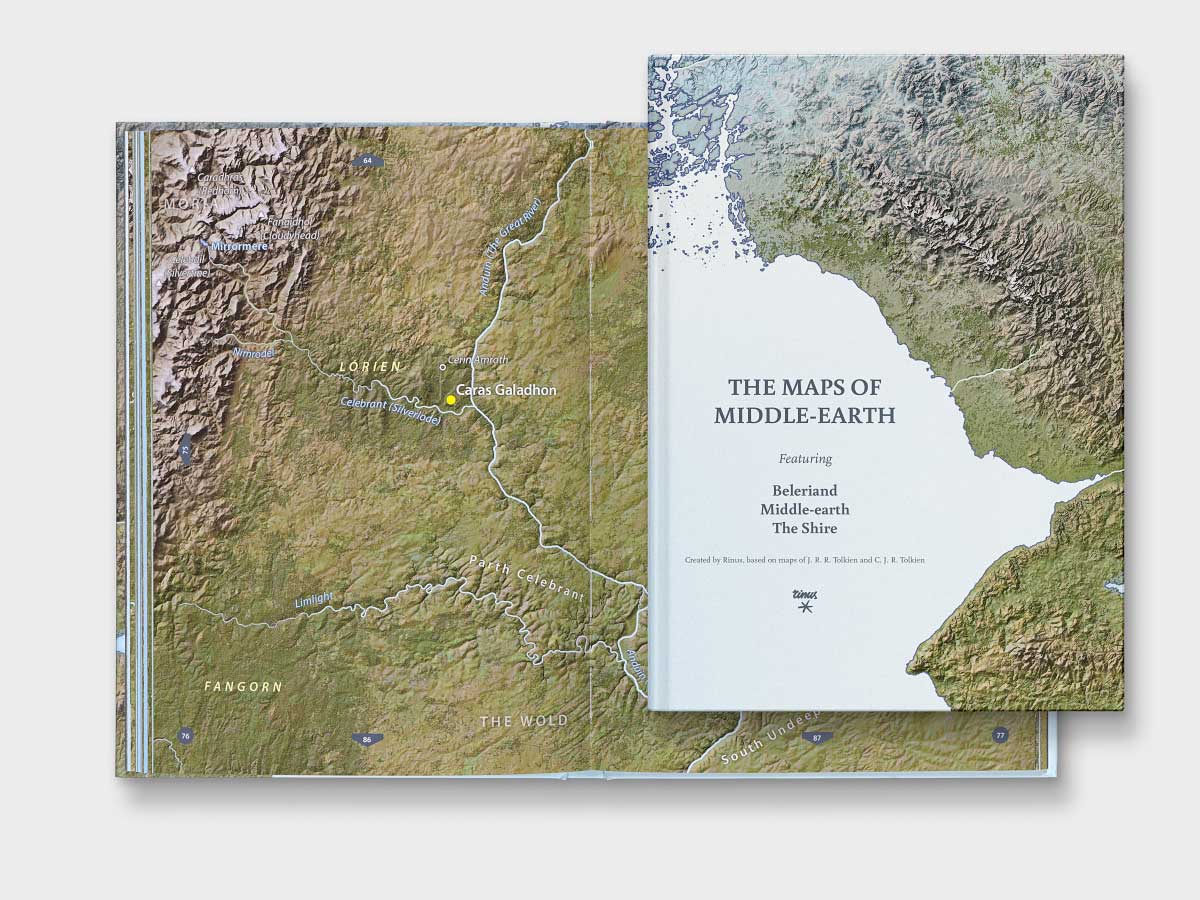 The Maps of Middle‑earth hardcover book with an open map spread showing Caras Galadhon