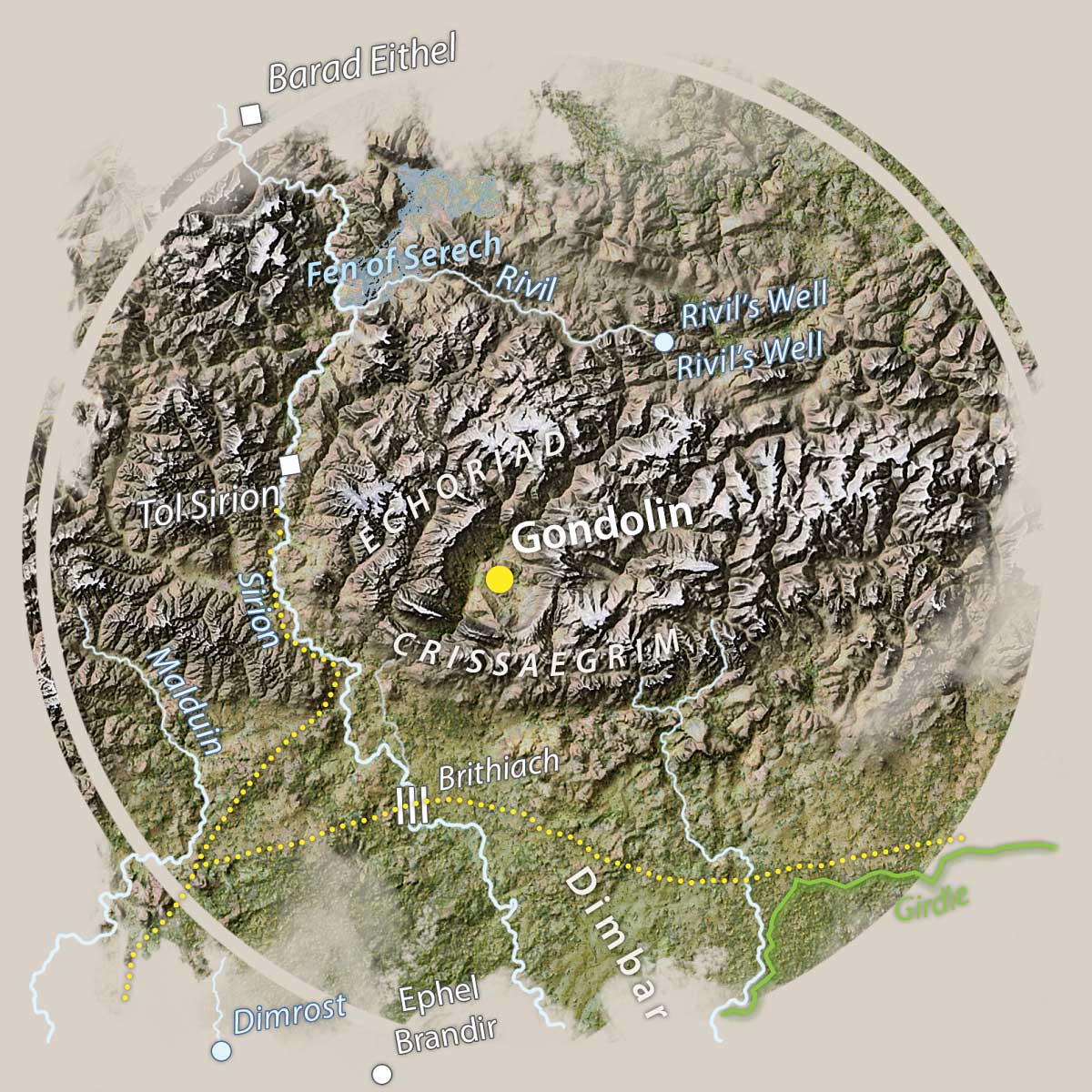 Detail of Gondolin on a Tolkien-inspired Beleriand map by Rinus