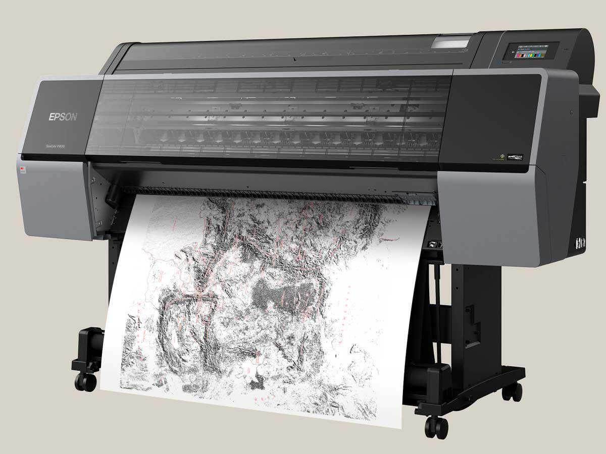 Epson fine‑art printer producing the Beleriand & Middle‑earth Classic Map by Rinus