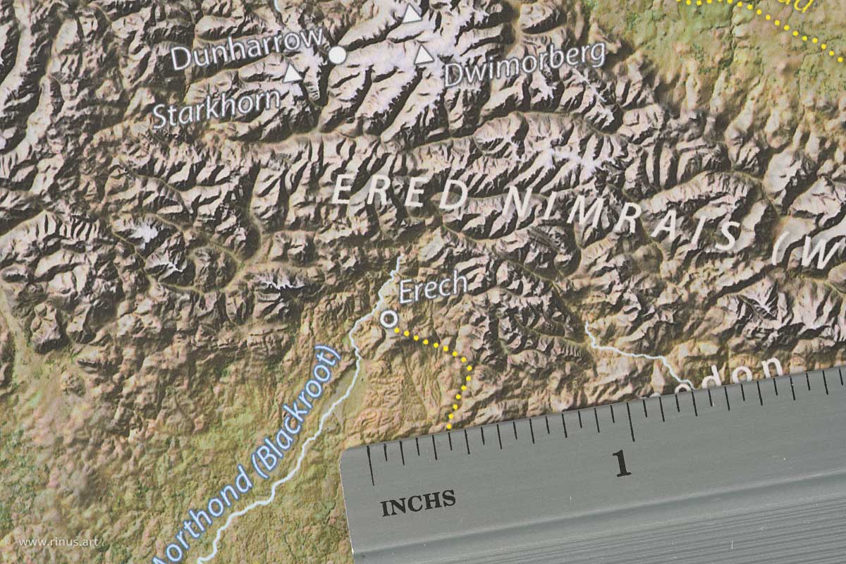 Close-up of Erech on the Middle-earth Map Limited Edition print with an inch ruler for scale