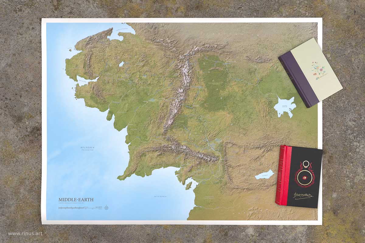 Middle-earth Map Regular Edition poster shown with Tolkien books for scale