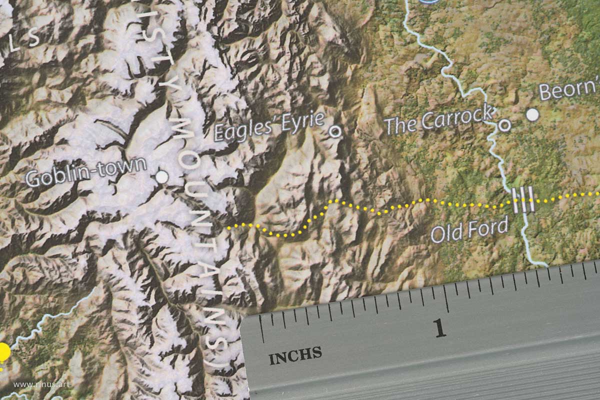 Close-up of Eagles’ Eyrie on the Middle-earth Map Regular Edition poster with an inch ruler for scale