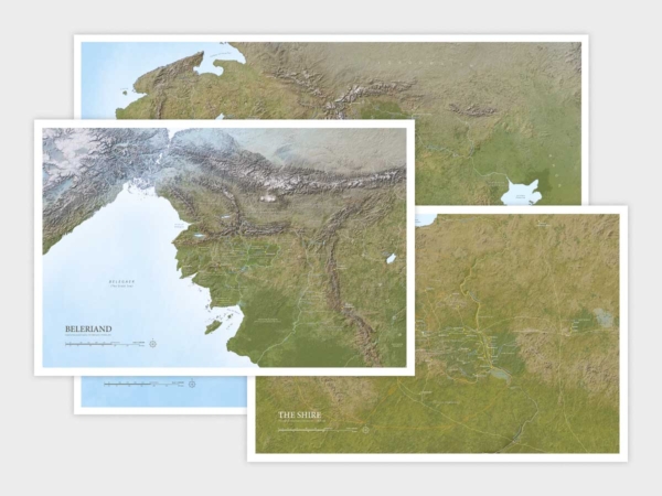 Limited Edition map prints bundle by Rinus showing Middle-earth, Beleriand, and The Shire maps