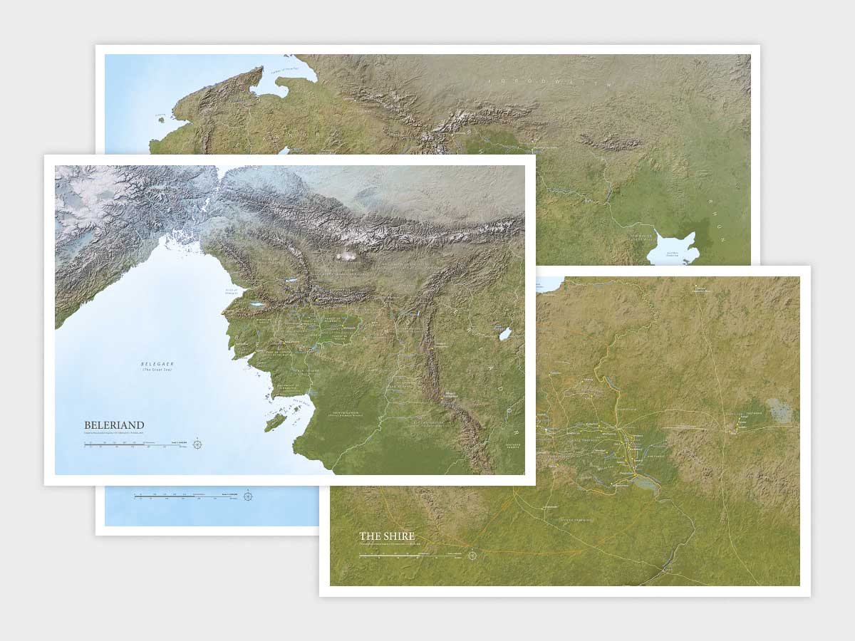 Limited Edition map prints bundle by Rinus showing Middle-earth, Beleriand, and The Shire maps