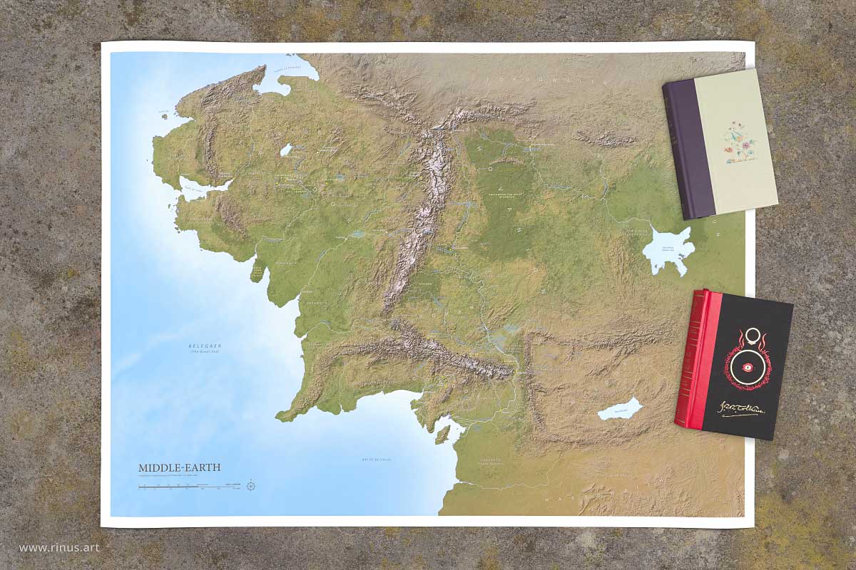 Middle-earth map print from the bundle shown with The Nature of Middle-earth and The Lord of the Rings for scale