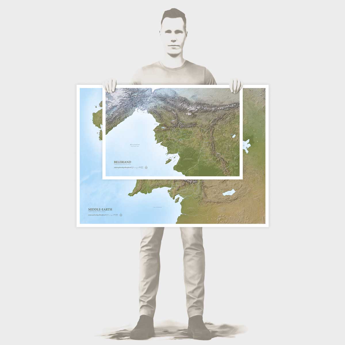 Illustration of Rinus holding the Limited Edition Middle-earth and Beleriand map prints bundle