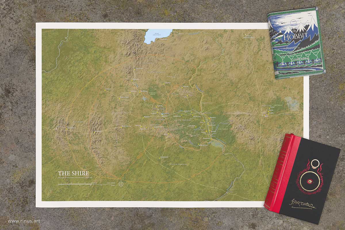 The Shire map print from the bundle shown with The Hobbit and The Lord of the Rings for scale