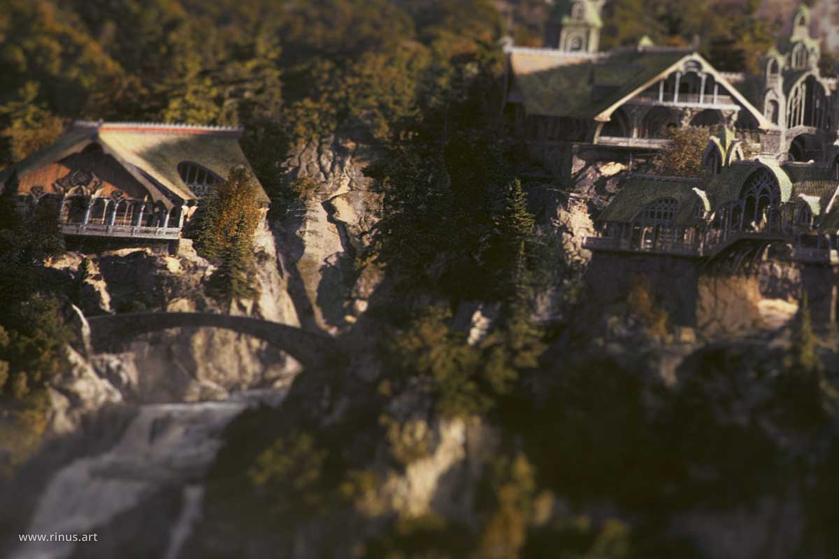Detail of buildings in the Rivendell Art Print Limited Edition by Rinus