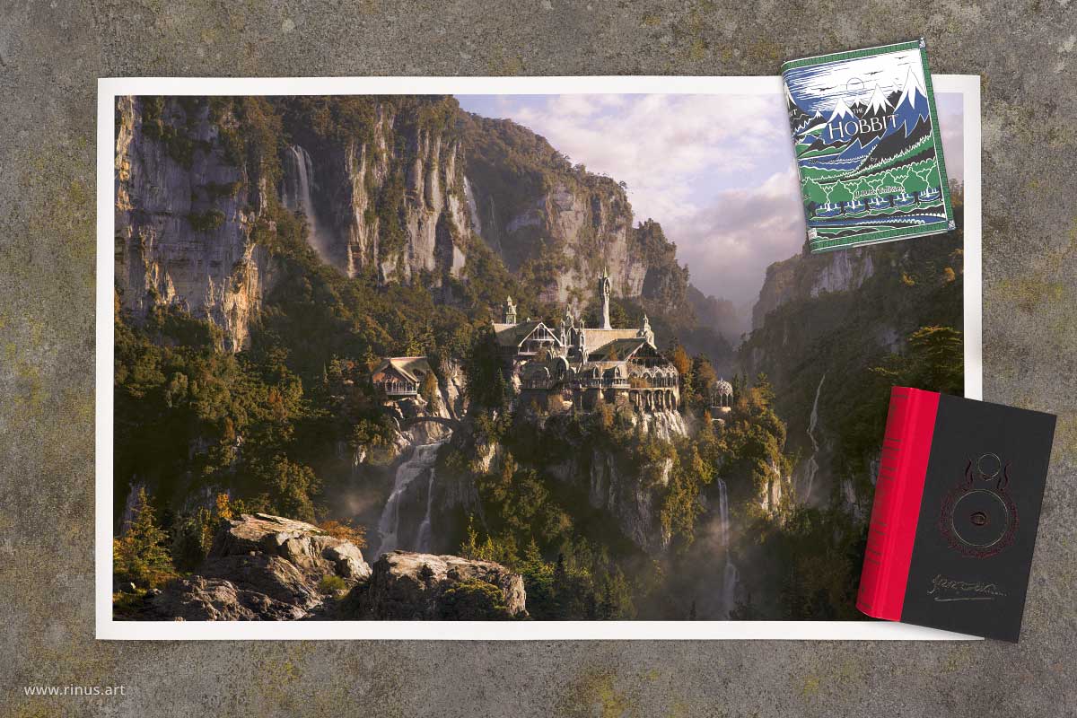 Rivendell Art Print Limited Edition shown with The Hobbit and The Lord of the Rings for scale