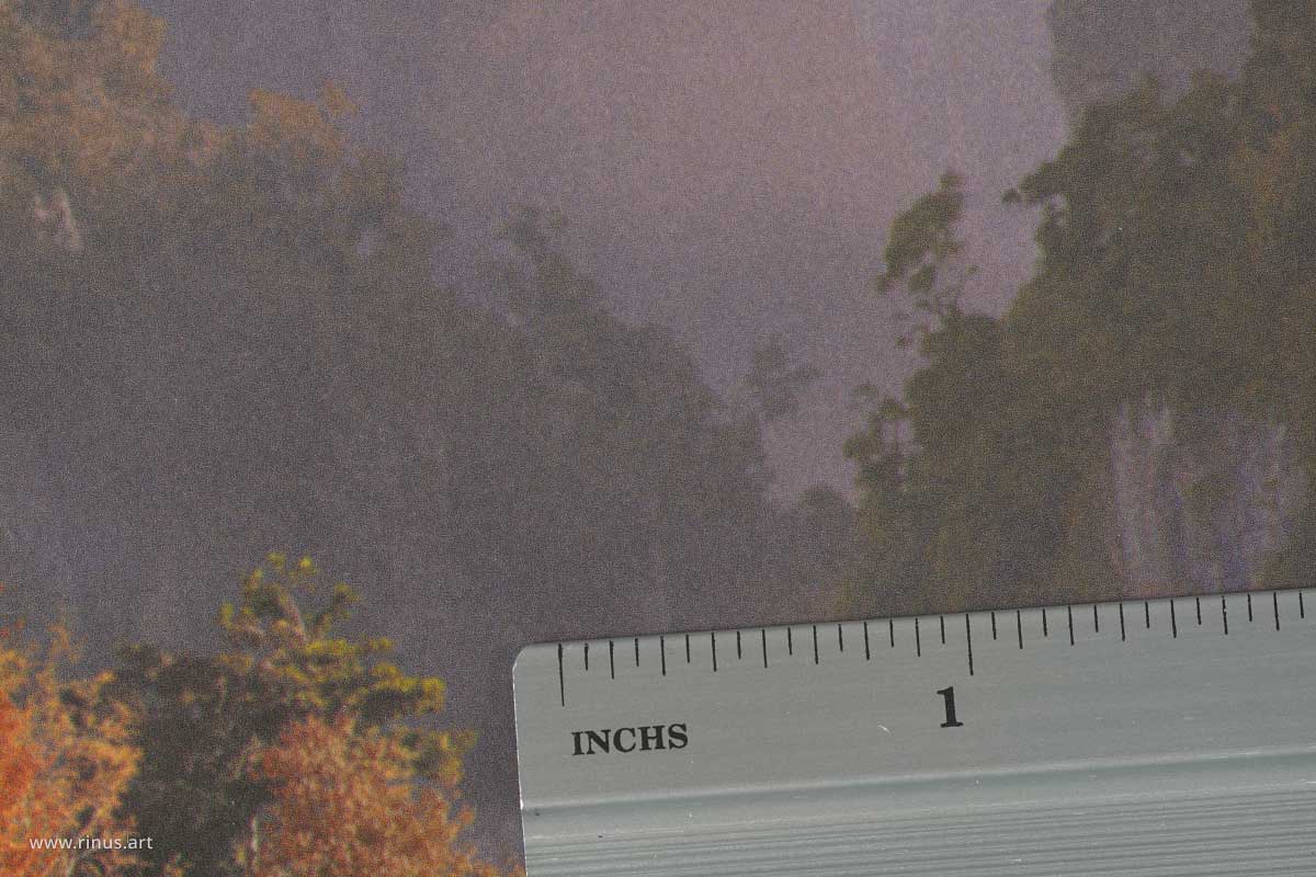 Close-up of background detail in the Rivendell Art Print Limited Edition with an inch ruler for scale