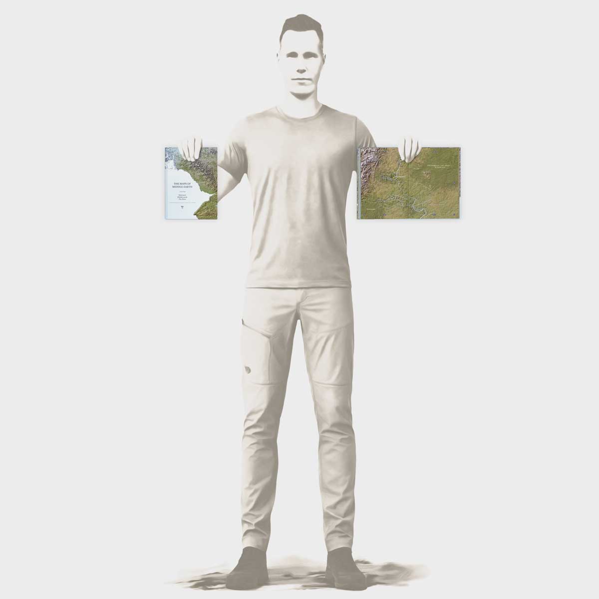 Illustration of Rinus holding The Maps of Middle-earth hardcover book and an open spread