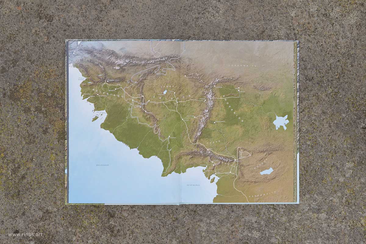 Open overview spread in The Maps of Middle-earth showing major cities and roads