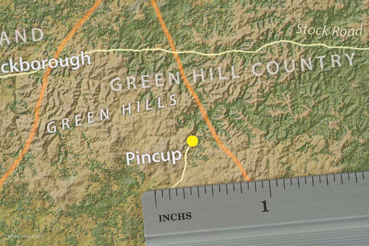Close-up of Pincup on The Shire Map Limited Edition print with an inch ruler for scale